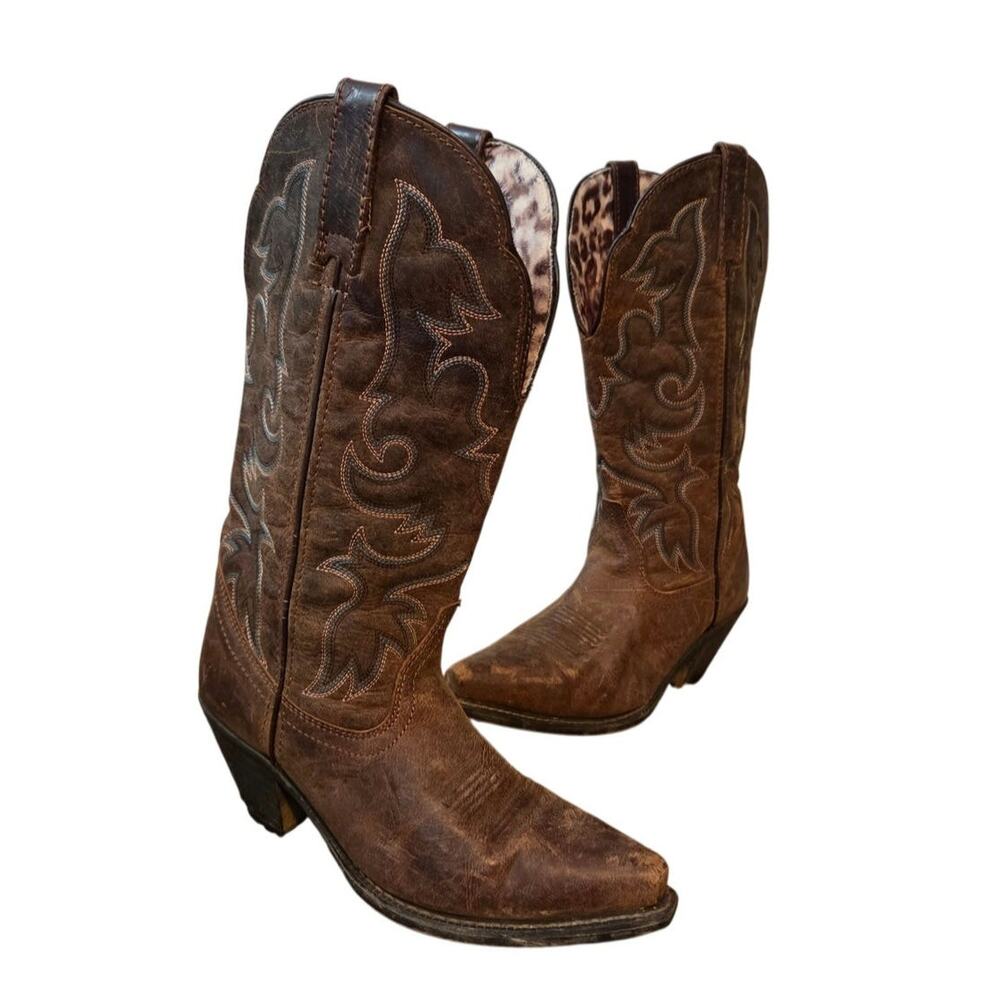 Laredo access tan leather western cowgirl boots heeled snip toe 7